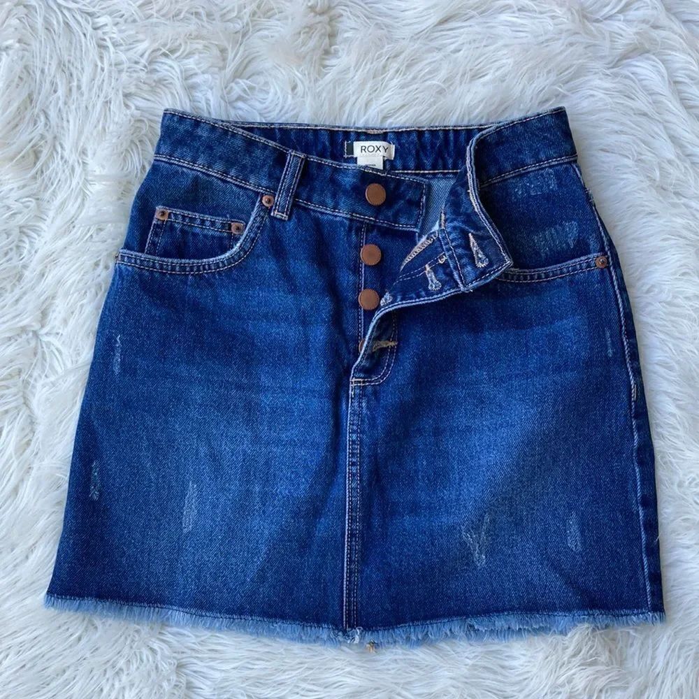 Roxy Button Fly Distressed Frayed Hem Denim Skirt Size XS